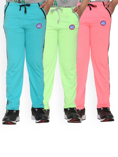 

VIMAL JONNEY Kids Blue, Peach & Green Pack Of 3 Solid Cotton Track Pants