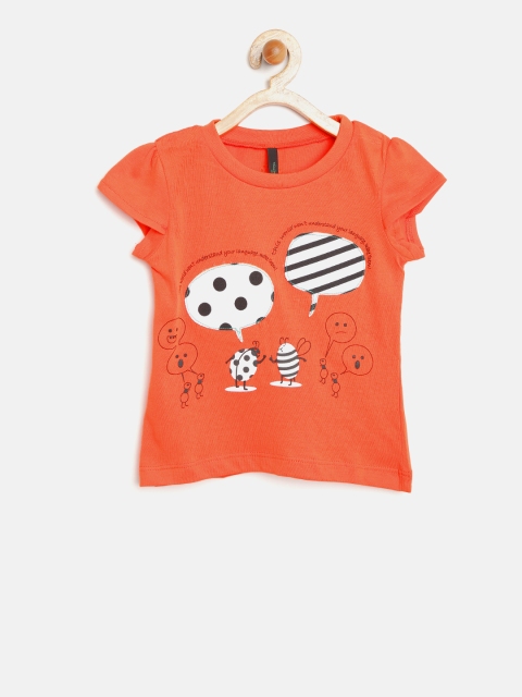 

United Colors of Benetton Girls Orange Printed Round Neck T-shirt