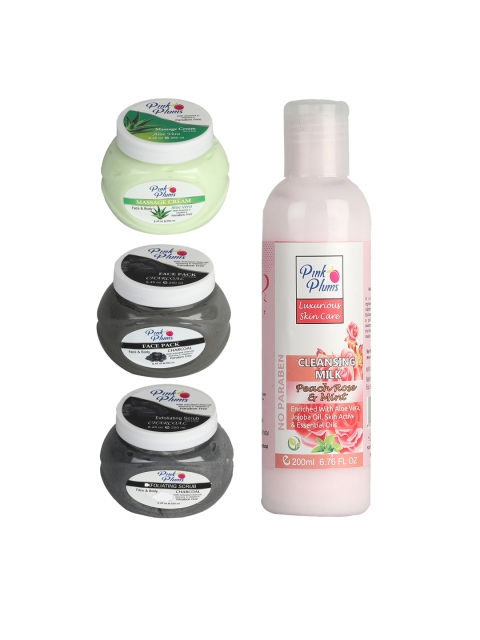 

Pink Plums Aloevera Charcoal Peach Rose Mint Face & Body Massage creams Set, Multi
