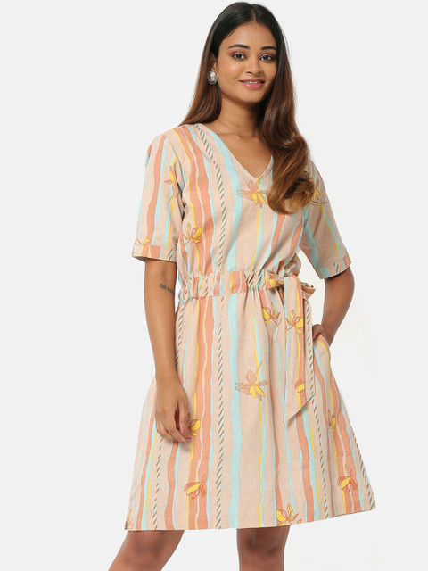 

Saaki Women Beige & Blue Striped A-Line Dress