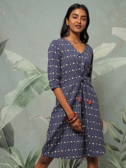 

Saaki Blue & Off White A-Line Tie Up Dress