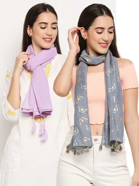 

Get Wrapped Women 2 Grey & Gold-Toned Printed Scarves