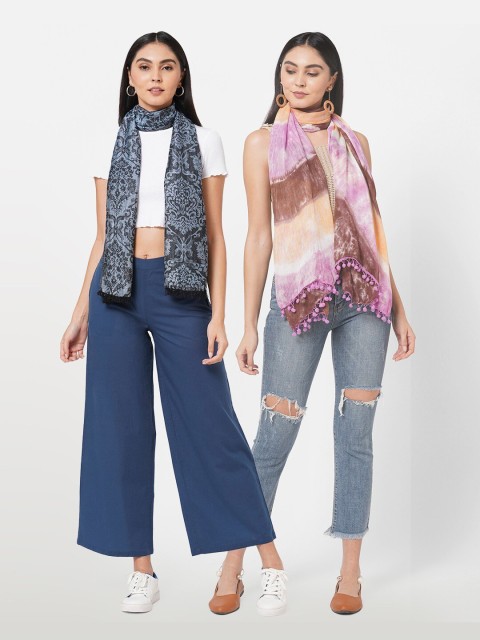 

Get Wrapped Women Pack Of 2 Blue & Grey Jacquard Lurex & Tie-Dye Scarf