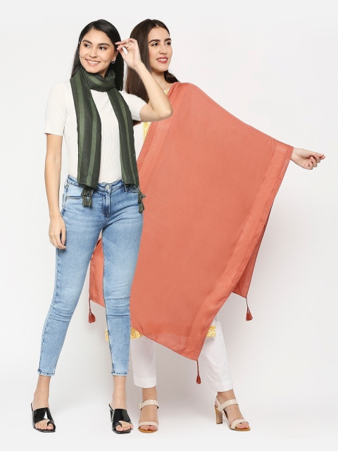 

Get Wrapped Pack of 2 Women Green & Peach-Coloured Scarf
