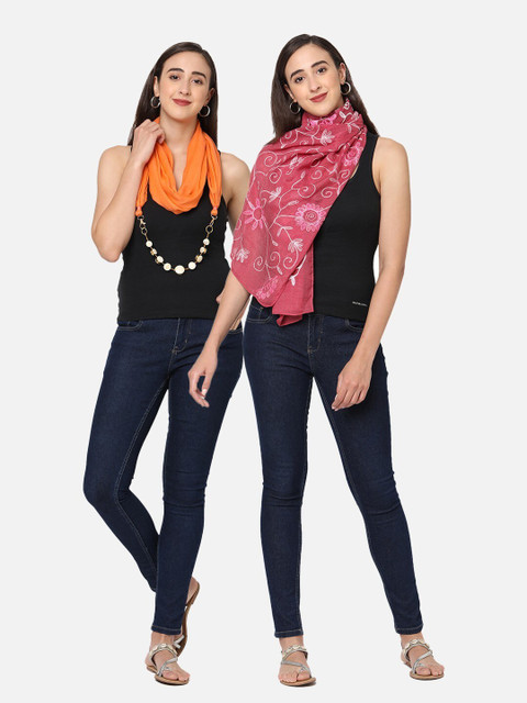 

Get Wrapped Women Pack Of 2 Orange & Magenta Kimono Embroidered Scarf