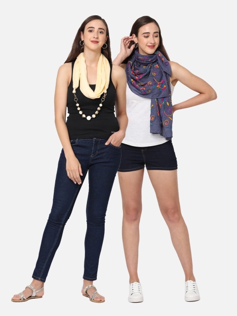 

Get Wrapped Pack of 2 Women Blue & Cream-Coloured Embroidered Scarf