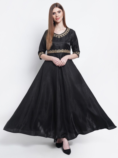 

Purple State Women Black & Gold-Toned Embroidered Empire Maxi Dress