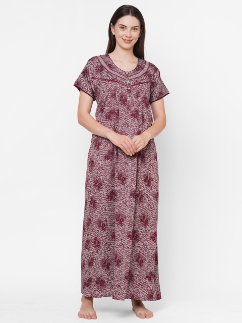 

Sweet Dreams Maroon Printed Cotton Blend Maxi Nightdress