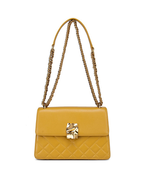 

Da Milano Yellow Geometric Textured Leather Swagger Shoulder Bag with Quilted