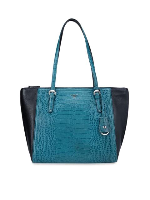 

Da Milano Blue Textured Leather Structured Shoulder Bag with Cut Work