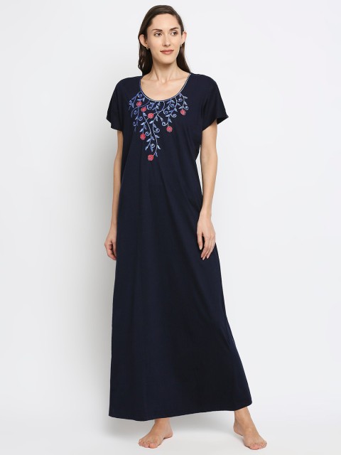 

Pretty Awesome Navy Blue Embroidered Cotton Blend Maxi Nightdress