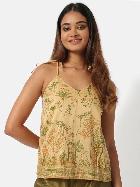 

Saaki Beige & Green Tropical Print Shoulder Straps Regular Top