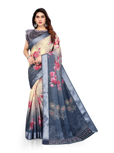 

KALINI Beige & Grey Floral Bagh Saree