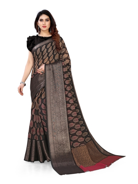 

KALINI Black & Pink Ethnic Motifs Zari Block Print Saree