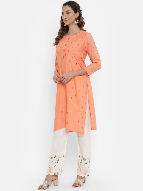 

V2 Value & Variety Women Peach-Coloured Printed Sequinned Kurta with Trousers