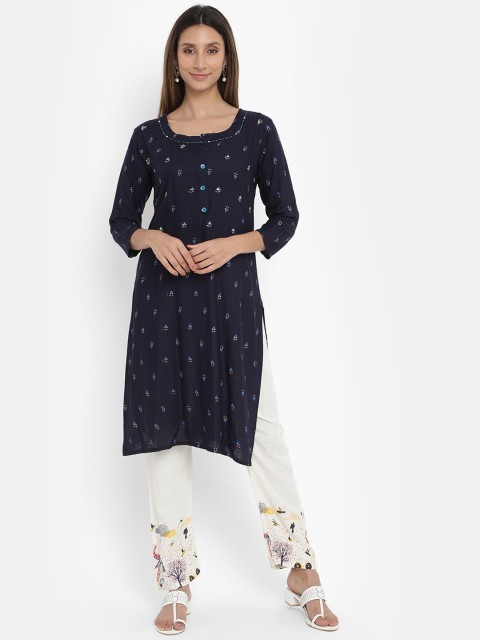 

V2 Value & Variety Women Navy Blue & White Floral Printed Kurta with Trousers