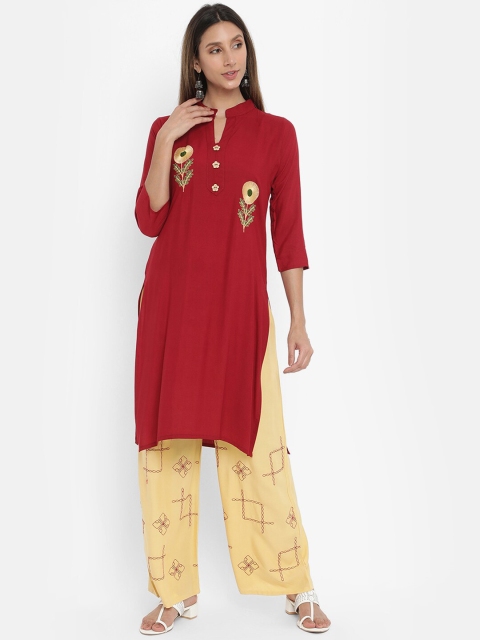 

V2 Value & Variety Women Maroon Embroidered Kurta with Trousers