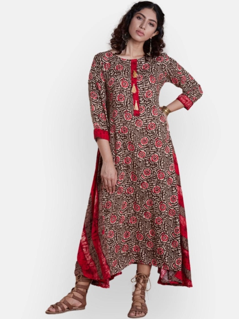 

VEDANA Women Red Quirky Printed Keyhole Neck Thread Work Asymmetric Anarkali Kurta