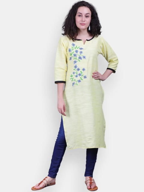 

VEDANA Women Yellow Floral Cotton Embroidered Thread Work Kurta