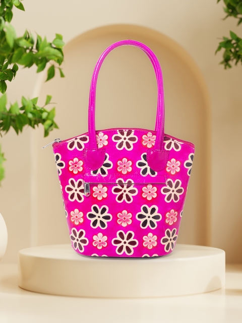 

Golden Peacock Pink Floral Printed Leather Structured Tote Bag