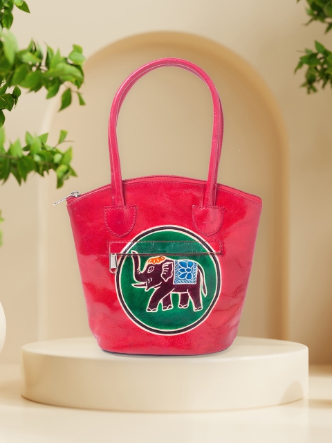 

Golden Peacock Red Leather Shopper Handheld Bag with Applique