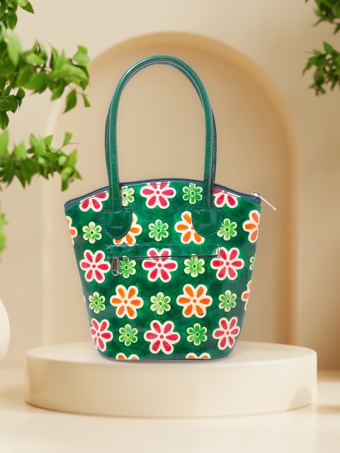 

Golden Peacock Green Floral Printed Leather Structured Handheld Bag