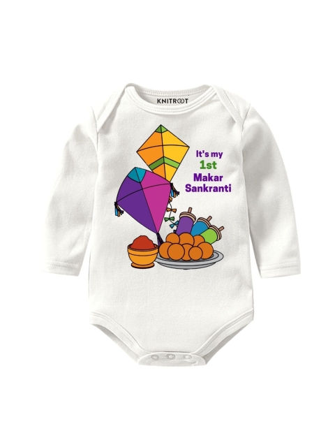 

KNITROOT Infant Kids White & Blue Printed Cotton Bodysuit