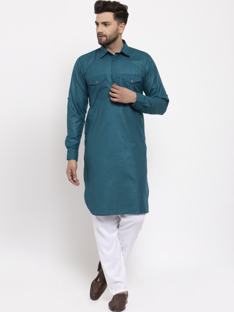

Jompers Men Teal Blue & White Pure Cotton Kurta with Pyjamas