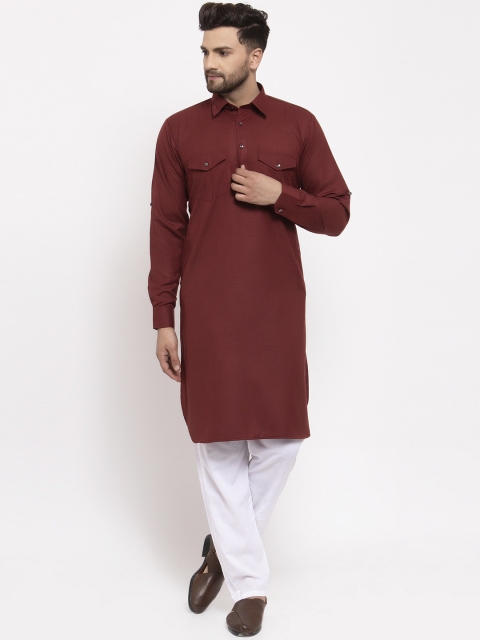 

Jompers Men Maroon Pure Cotton Pathani Kurta with Pyjamas Set