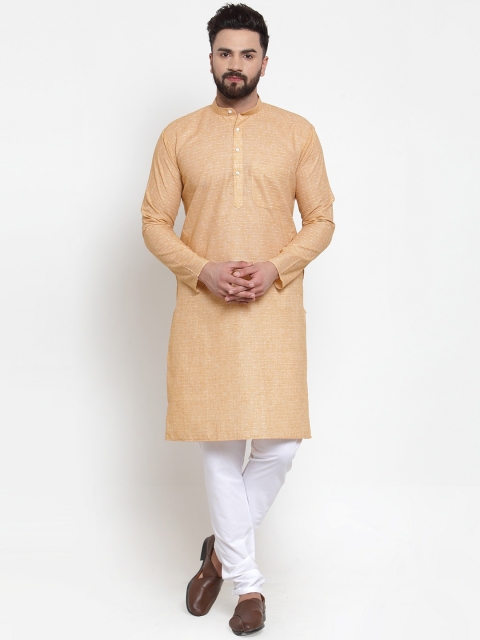 

Jompers Men Orange Pure Cotton Self Design Kurta with Churidar