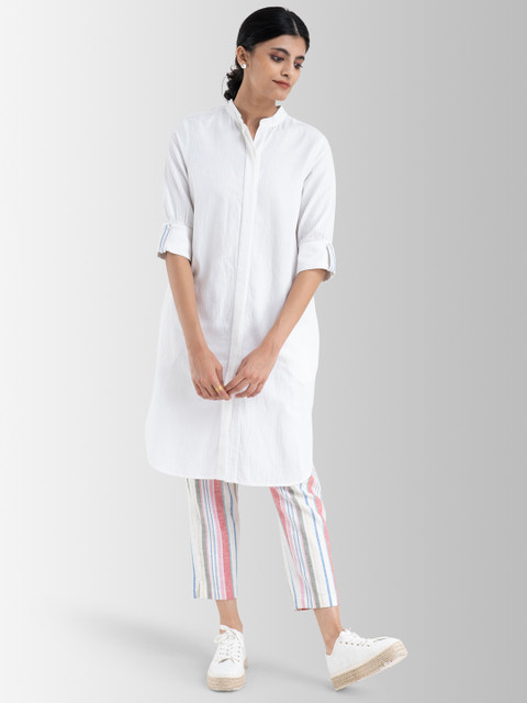 

Marigold by FableStreet Women White Striped High Slit Pure Cotton Kurta with Trousers