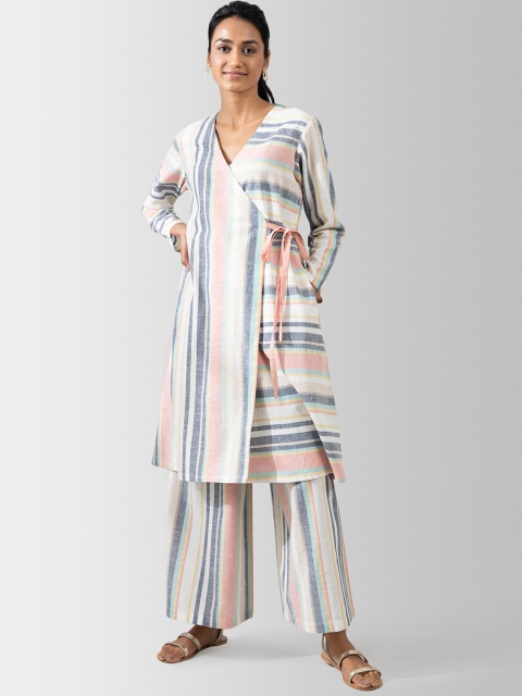 

Marigold by FableStreet Women White Printed Angrakha Pure Cotton Kurta with Palazzos