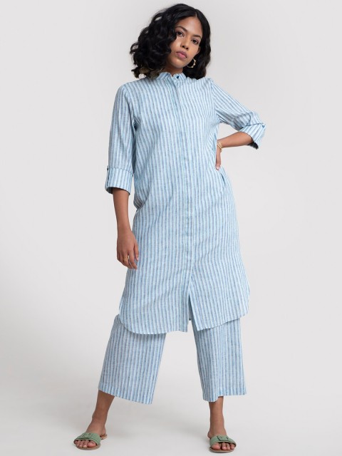 

Marigold by FableStreet Women Blue Striped Pure Cotton Kurti with Palazzos