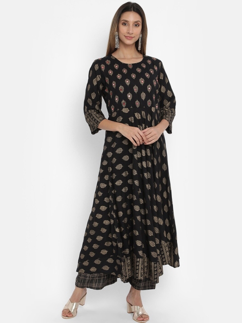 

V2 Value & Variety Women Black Ethnic Motifs Printed Panelled Flared Kurta with Palazzos