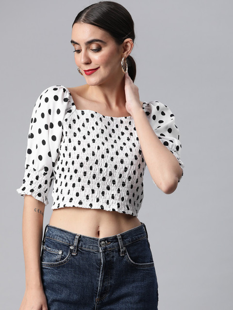 

SIRIKIT Women White & Black Polka Dots Print Smocked Crop Top