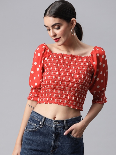 

SIRIKIT Red & White Polka Dots Printed Smocked Crop Top