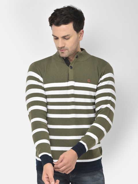 

COBB Men Olive Green & White Striped Acrylic Pullover