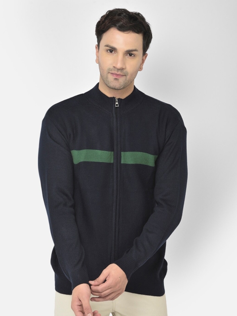 

COBB Men Navy Blue & Green Striped Cardigan