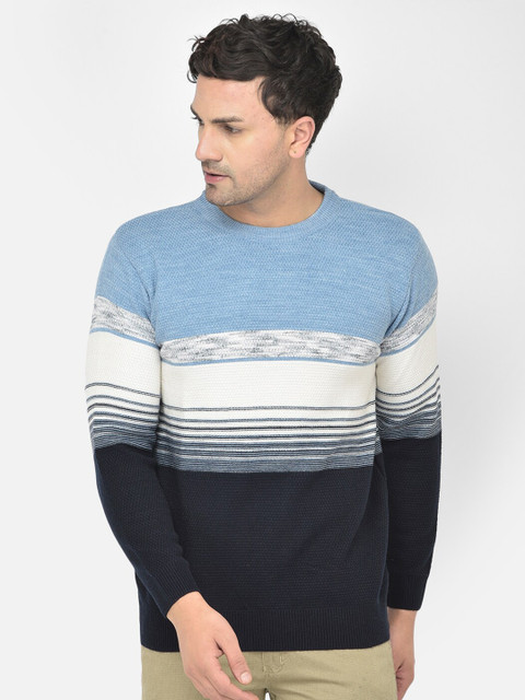 

COBB Men Blue & White Striped Colourblocked Pullover