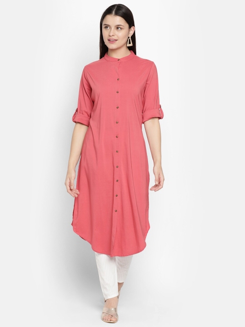 

V2 Value & Variety Women Peach-Coloured Solid A-Line Pure Cotton Kurta