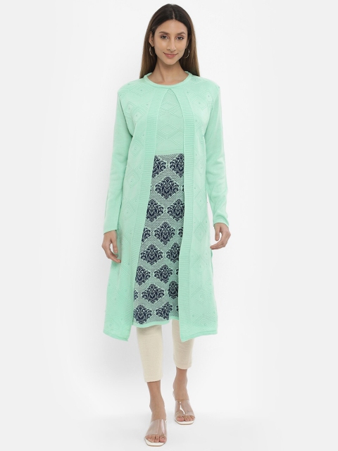 

V2 Value & Variety Women Green & Navy Blue Ethnic Motifs Printed Acrylic Winter Kurta