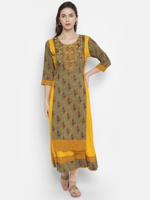 

V2 Value & Variety Olive Green Floral Printed Kurti