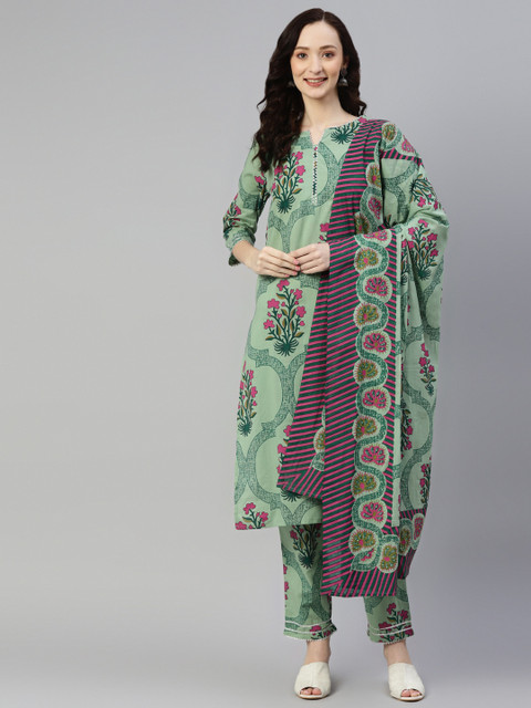 

Yuris Women Green Floral Printed Pure Cotton Kurta with Salwar & With Dupatta
