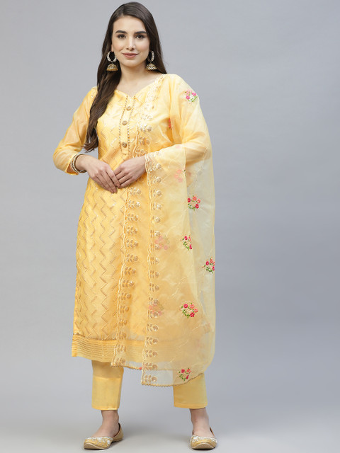 

RAJGRANTH Yellow Embroidered Chanderi Embroidered Top With Organza Dupatta Dress Material
