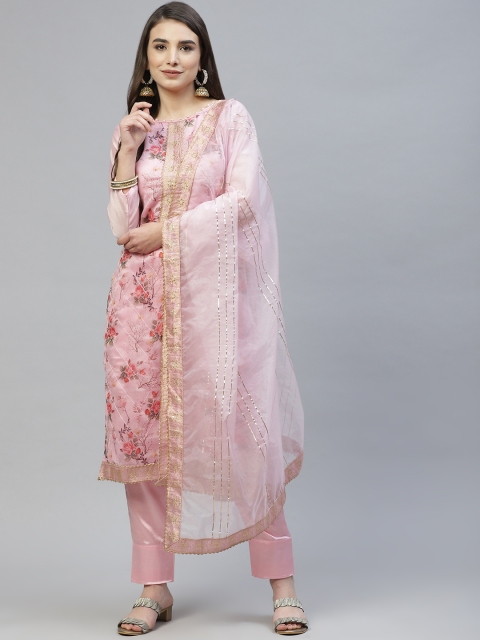 

RAJGRANTH Pink Printed Chanderi Heavy Work Top With Organza Dupatta Dress Material