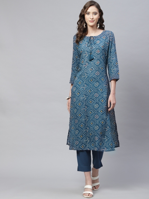 

PIROH Women Blue Bandhani Printed Chanderi Cotton Kurta with Trousers