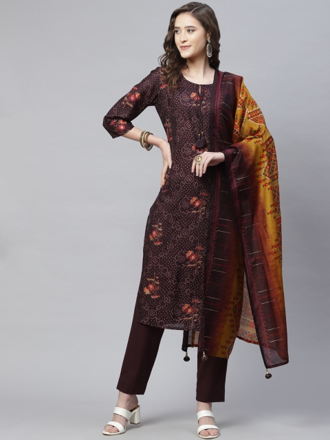 

PIROH Women Magenta Floral Printed Zardozi Chanderi Cotton Kurta with Trousers & With Dupatta