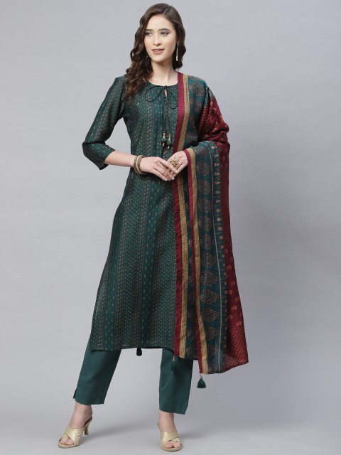 

PIROH Women Green Printed Chanderi Cotton Kurta with Trousers & With Dupatta