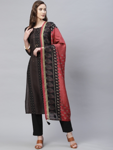 

PIROH Women Black Printed Chanderi Cotton Kurta with Trousers & With Dupatta