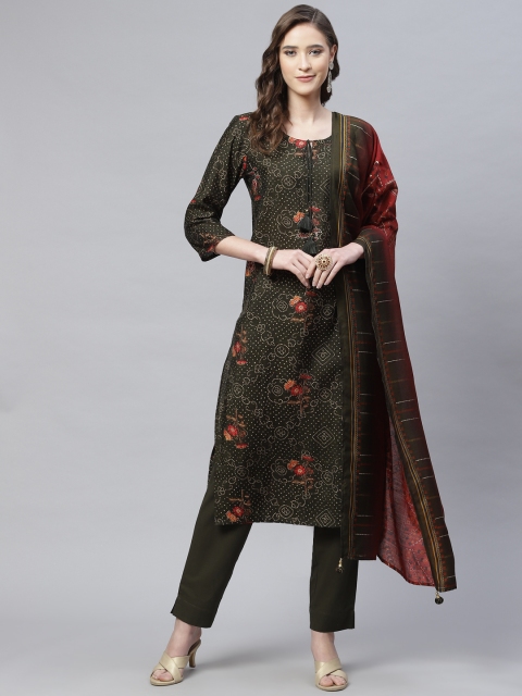 

PIROH Women Green Floral Printed Zardozi Chanderi Cotton Kurta with Trousers & With Dupatta